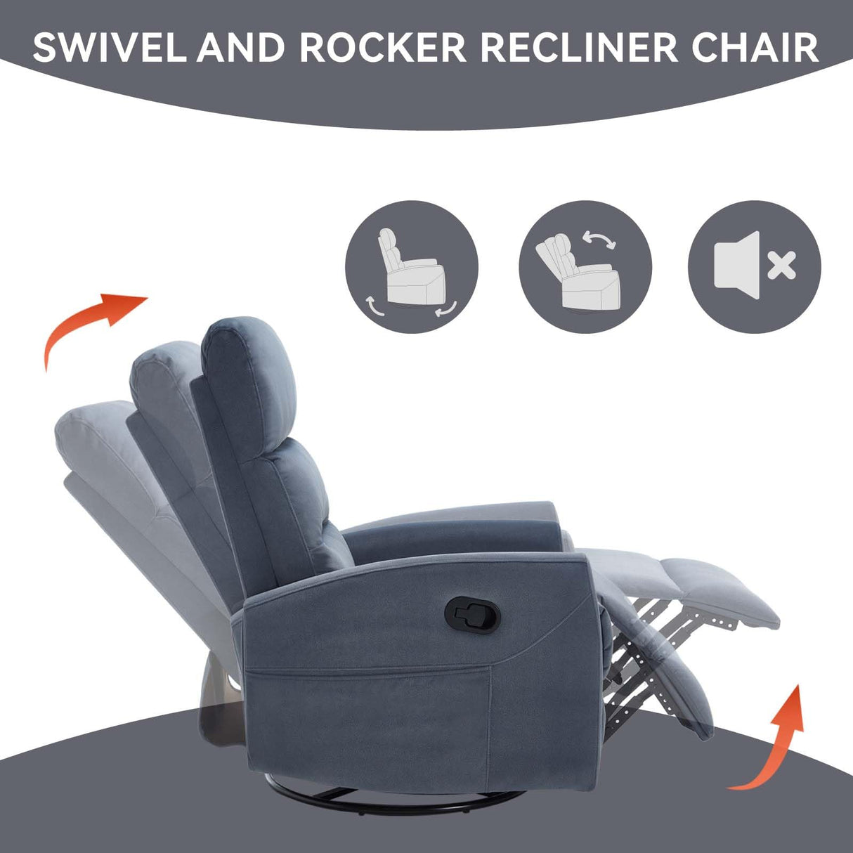 360° Swivel Rocker Recliner Chairs for Adults, Manual Nursery Glider Chair with Side Pockets and High Back, Small Lazy Boy Rocker Recliner for Small Spaces, Living Room, Bedroom (Blue Grey+Fabric) YskdhfczQ