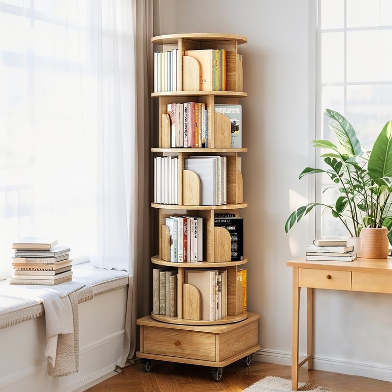 Dulamiy 6 Tier Rotating Bookshelf, 360° Display Round Spinning Bookshelf with Wheels and Drawer, Space-Saving, Small Space Rotating Book Shelf Tower for Bedroom, Living Room, Home, Office, Wood Color Dulamiy