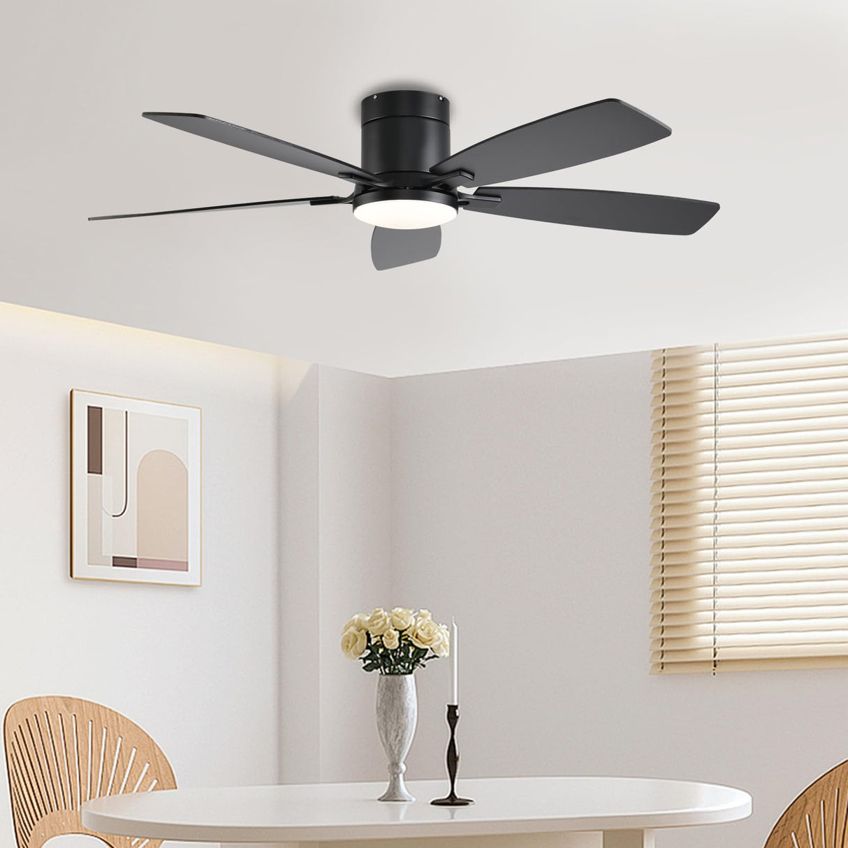 52inch Ceiling Fans with Lights, Low Profile Ceiling Fan with Light and Remote/APP Control, Flush Mount, Reversible Motor, Dimmable LED, Noiseless, Black Ceiling Fan for Bedroom Indoor Outdoor Use FUMLTP