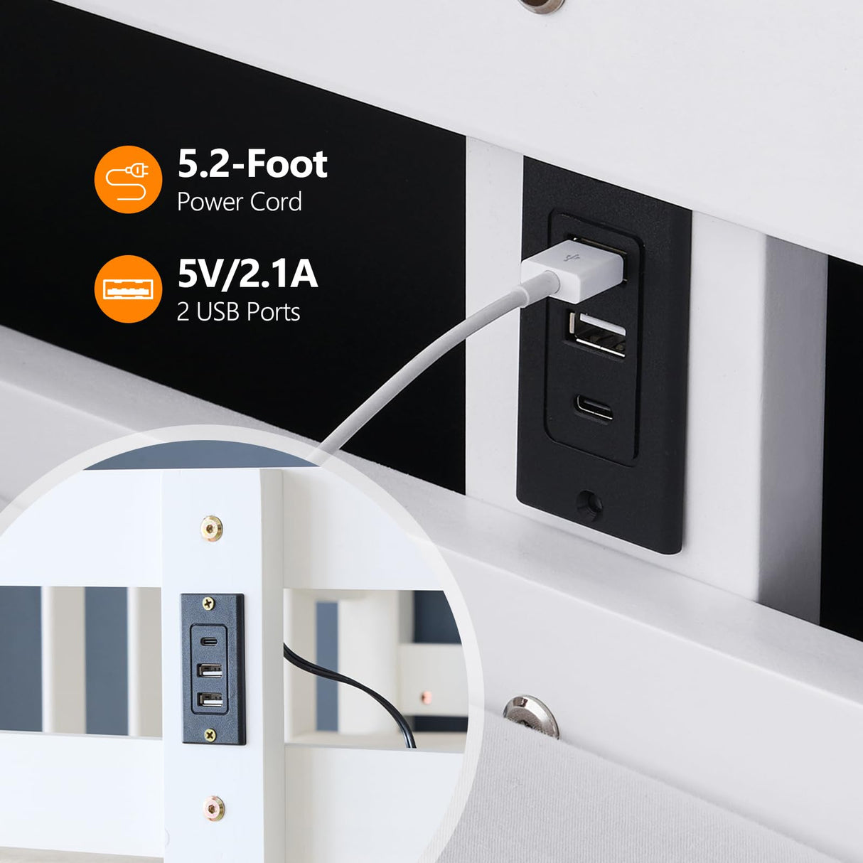 VINGLI Bunk Bed Twin Over Twin with 2 Storage Drawers/RGB LED/Charging Station, Convertible Solid Wood Bunk Bed Frame with Ladders, White VINGLI