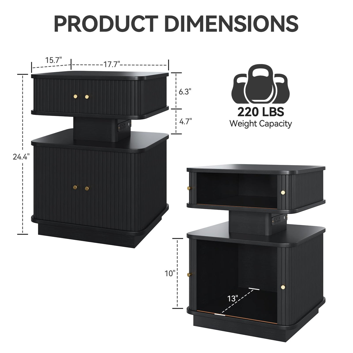 Night Stand, LED Nightstand, Bedroom Night Stand with Charging Station, 2 Drawer Nightstand, Modern Nightstands with Curvy Edge and Sliding Door, Small Bedside Table for Bedroom, Black AKMAKM