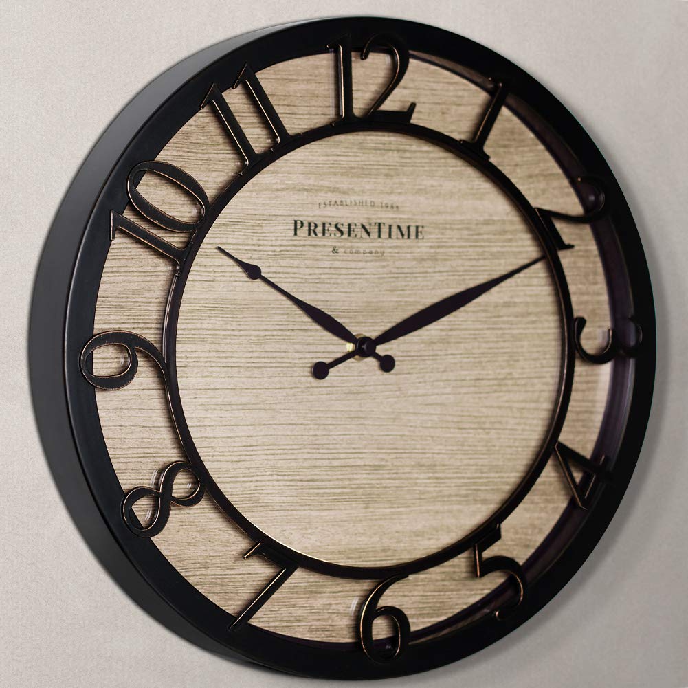 Presentime & Co 13" Farmhouse Series Wall Clock, Quartz Movement, Shiplap Style,Raised 3D Arabic Numeral, Oil Rubbed Bronze Presentime
