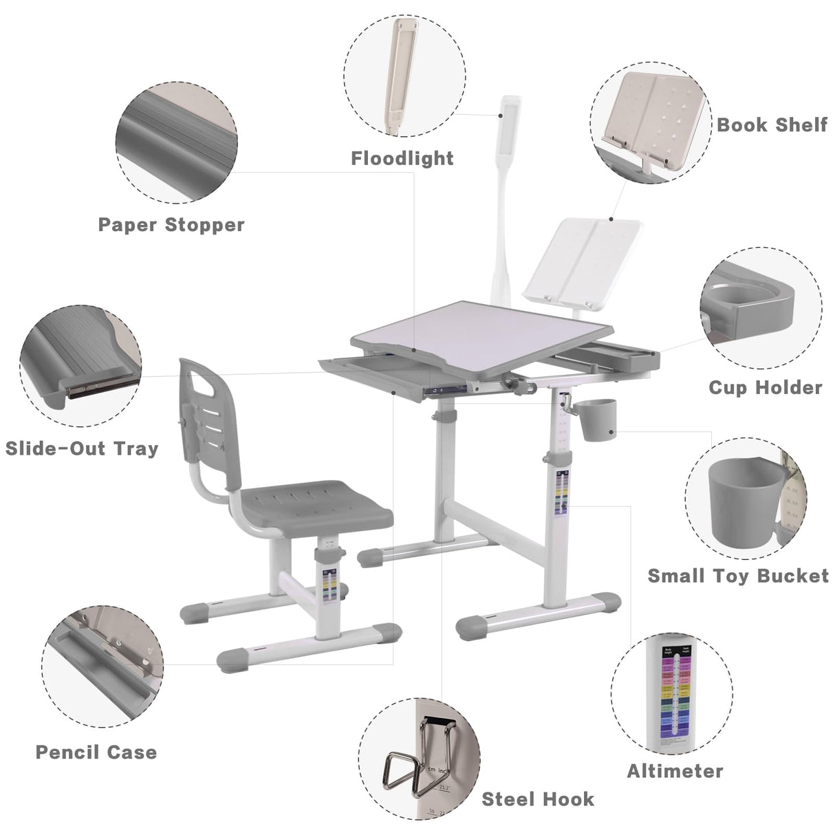 Napfox Desk for Kids Desk and Chair Set Kids Art Desk Drafting Table Desk Set with Adjustable Height, 40-Degree Tiltable Children Desktop, LED Light,Bookstand,Grey Napfox