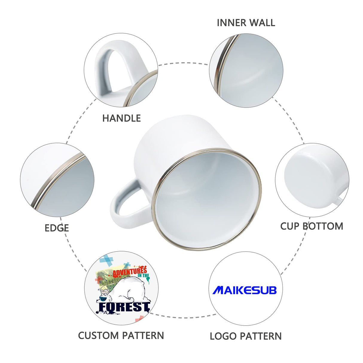 MAIKESUB 4 Pcs Sublimation Blank White Enamel Mug 12 OZ with Silver Rim Camping Travel Coffee Metal Mug Can be used as a gift for Christmas Thanksgiving Mother's Day Father's Day MAIKESUB