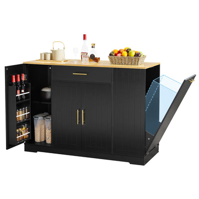 Lyromix 53" Long Kitchen Island with Trash Can Storage, Black Kitchen Island with Garbage Bin 10 Gallon, Portable Island with Trash Can, Wood Top, Spice Rack and Drawers