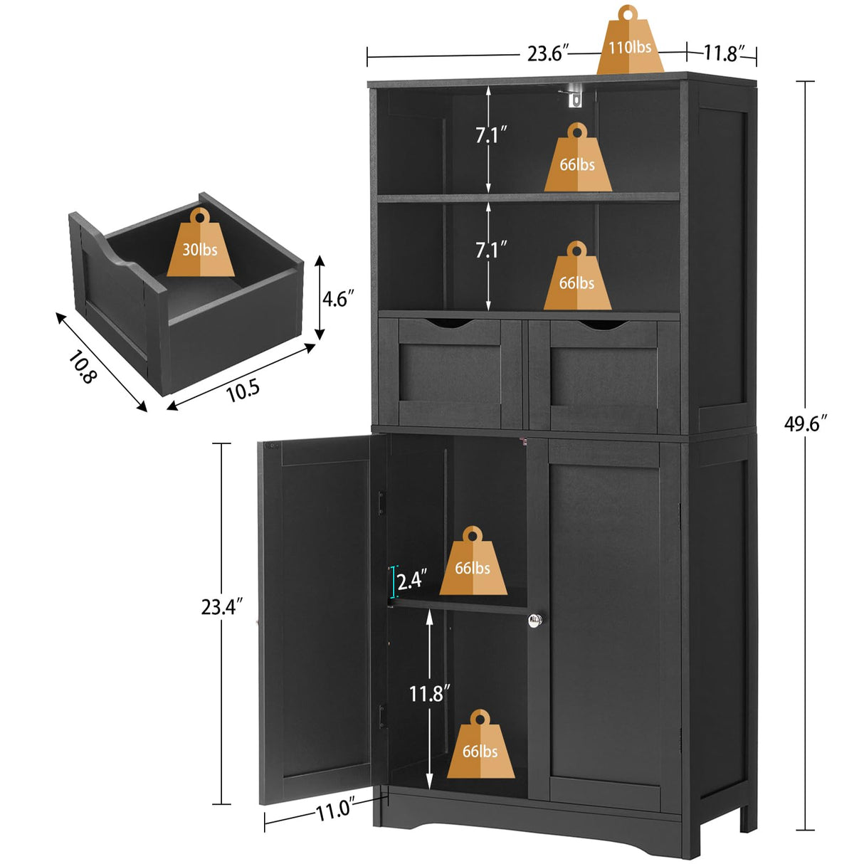 Iwell Tall Bathroom Cabinet, Storage Cabinet with 2 Drawers & Adjustable Shelves, Bathroom Storage Cabinet for Living Room, Dining Room, Entryway, Black Iwell