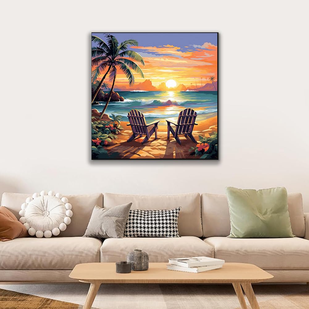 JUJUHOOD Sunset Beach Scene Framed Paint by Numbers Kit for Adults Beginner & Kids Ages 8-12, Seaside Paint by Number Without Easel, Simple Paint by Numbers for Gift Home Wall Decor (10x10Inch) JUJUHOOD