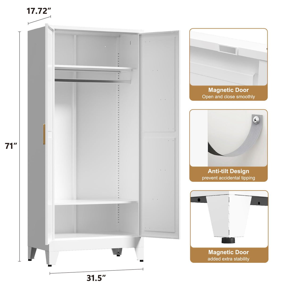 Washsemba 71'' Farmhouse Metal Wardrobe Cabinet with Hanging Rod, 2 Barn Door Wardrobe Closet with 2 Adjustable Shelves,for Dining Room,Bedroom,Living Room, Cloak Room,Office (White) Washsemba