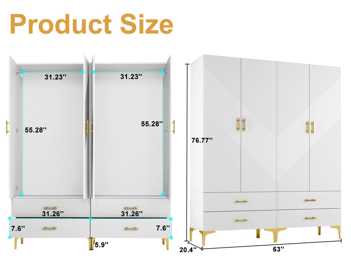 vinform Wardrobe Armoire with 4 Doors, 4 Drawers and 2 Hanging Rods, Twill Wood Closet Storage with Metal Cabinet Legs, White 20.4" D x 63" W x 76.77" H (V Modern) vinform