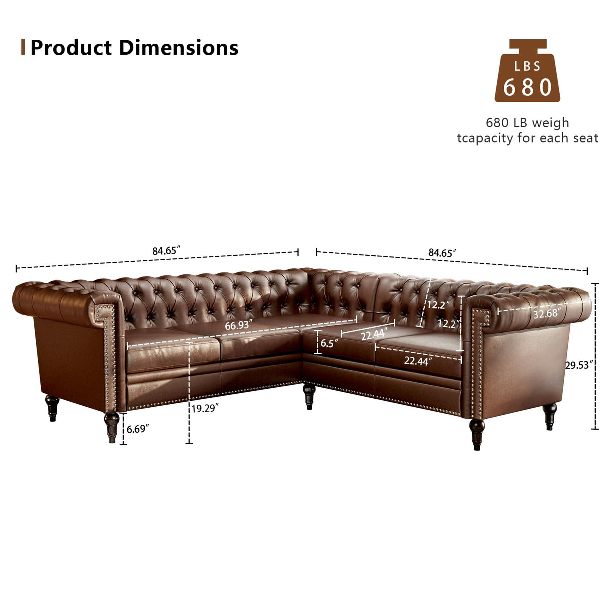 EYBCT Faux Leather Sectional Sofa Couch for Living Room, L Shaped Reversible Modern Chesterfield Sofa with Rolled Arms and Nailhead, 5 Seat Tufted Couch for Small or Large Space (Dark Brown) EYBCT