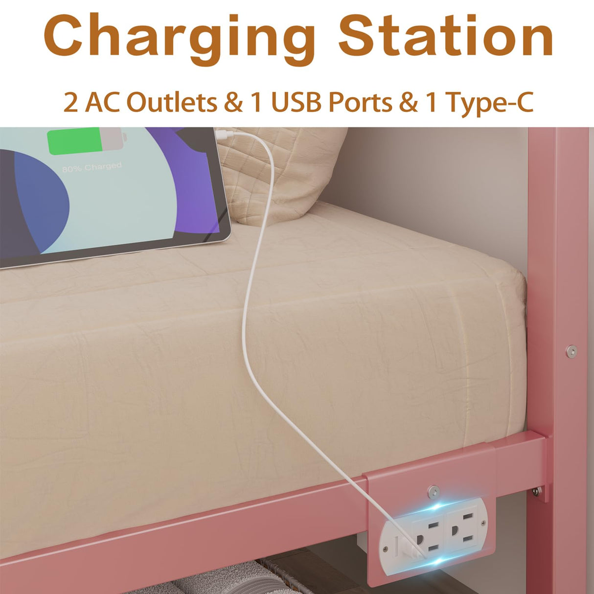 CollaredEagle Queen Bed Frame with Headboard and Footboard,Heavy Duty Steel Slats Support Metal Bed Frame with Charging Station,Pink CollaredEagle