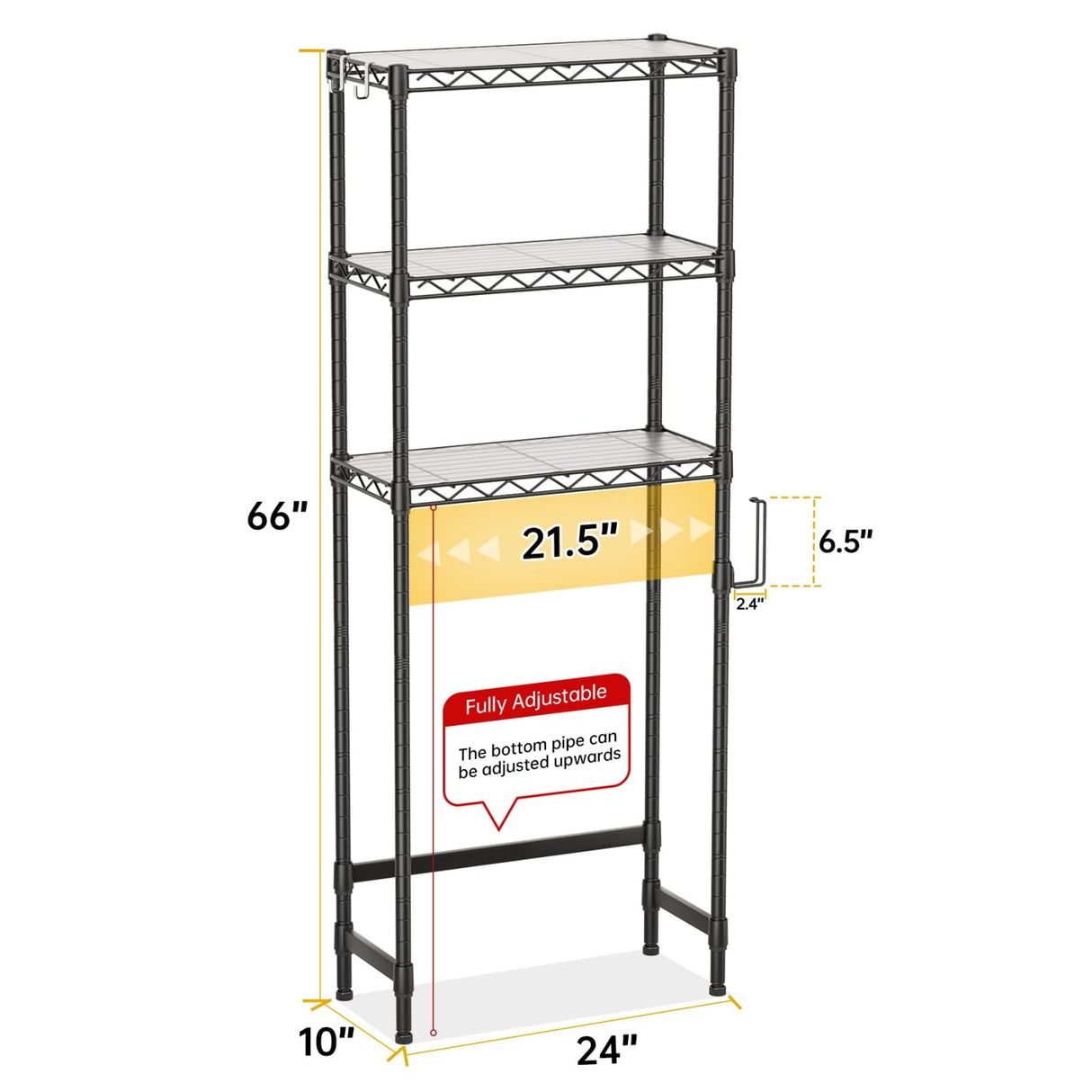 SINGAYE Over-The-Toilet Storage Rack 3-Tier Bathroom Organizer and Storage Shelf Over Toilet with Adjustable Shelf and Basket Freestanding Space Saver Bathroom Shelves Above Toilet for Room Black SINGAYE