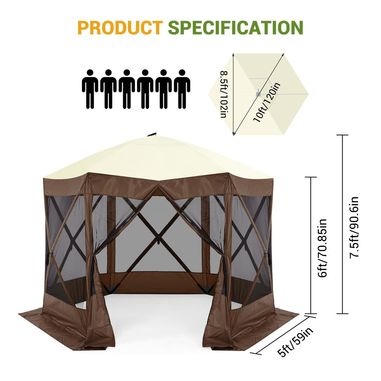 Hipicute Pop Up Gazebo,10 X 10 Ft Portable Outdoor Camping Pop Up Canopy Screen Tent with Mosquito Netting Gazebo,Waterproof 6 Sidewalls,Ground Stakes,Carry Bag for Lawn, Garden, Backyard(Brown) Hipicute