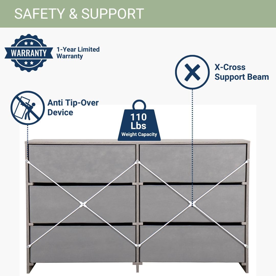 Modern 6-Drawer Dresser with Spacious Storage,Sturdy Wood Frame, and Large Capacity Drawers, Dressers for Bedroom, Home Organization Storage for Living Room or Hallway, Grey Techni Home