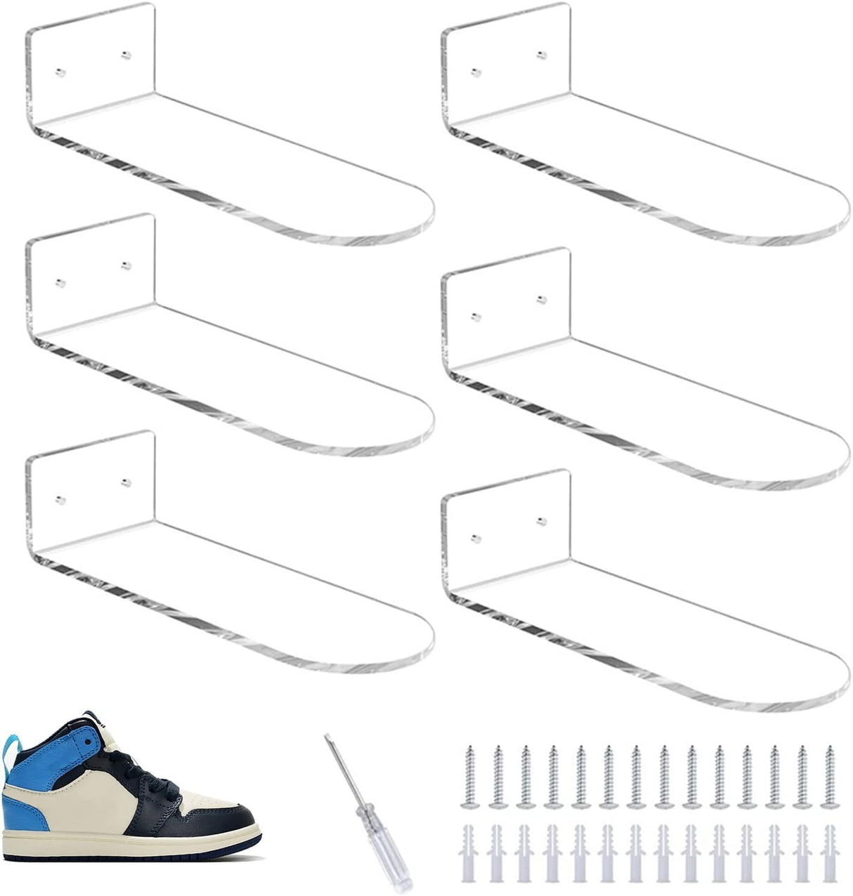 Alitamei Acrylic Floating Shoe Rack (Set of 6) Wall Mount Display Shoe Rack Transparent Storage Rack for Home Use Sneaker Display Rack with Screws and Anchors Alitamei