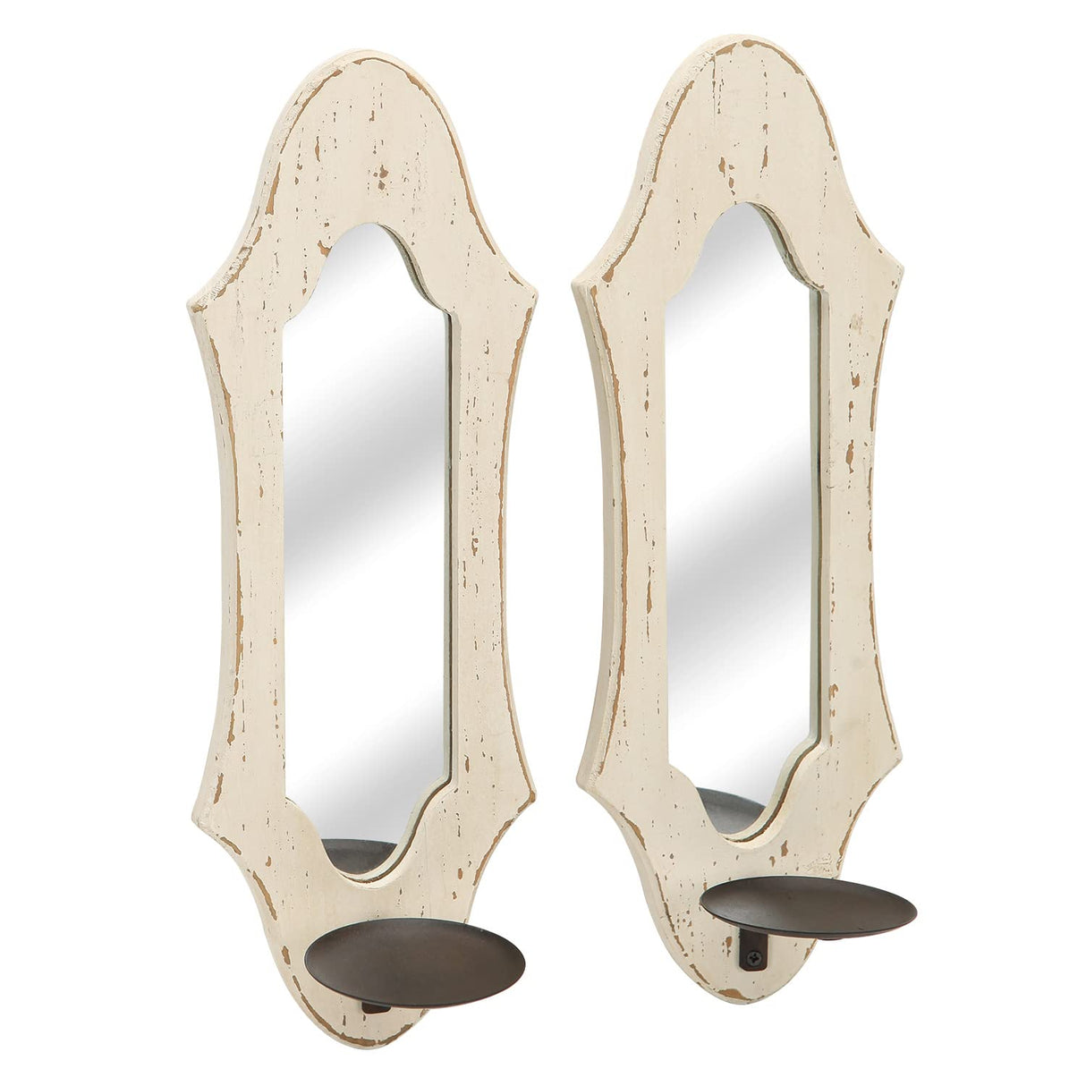 NIKKY HOME Farmhouse Candle Sconces Wall Decor Set of 2, Rustic Wooden Hanging Candle Holders, Antique Mirror Wall Art Decorations for Living Room, Bathroom, Dining Room and Office - Distressed White NIKKY HOME