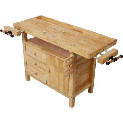 Montary 50-Inch Wood Workbench - Rubber Wooden Heavy Duty Work Bench with 3 Drawers 1 Cabinet Door and Shelf Integrated Vises for Garage Workshop, Woodworking and Home