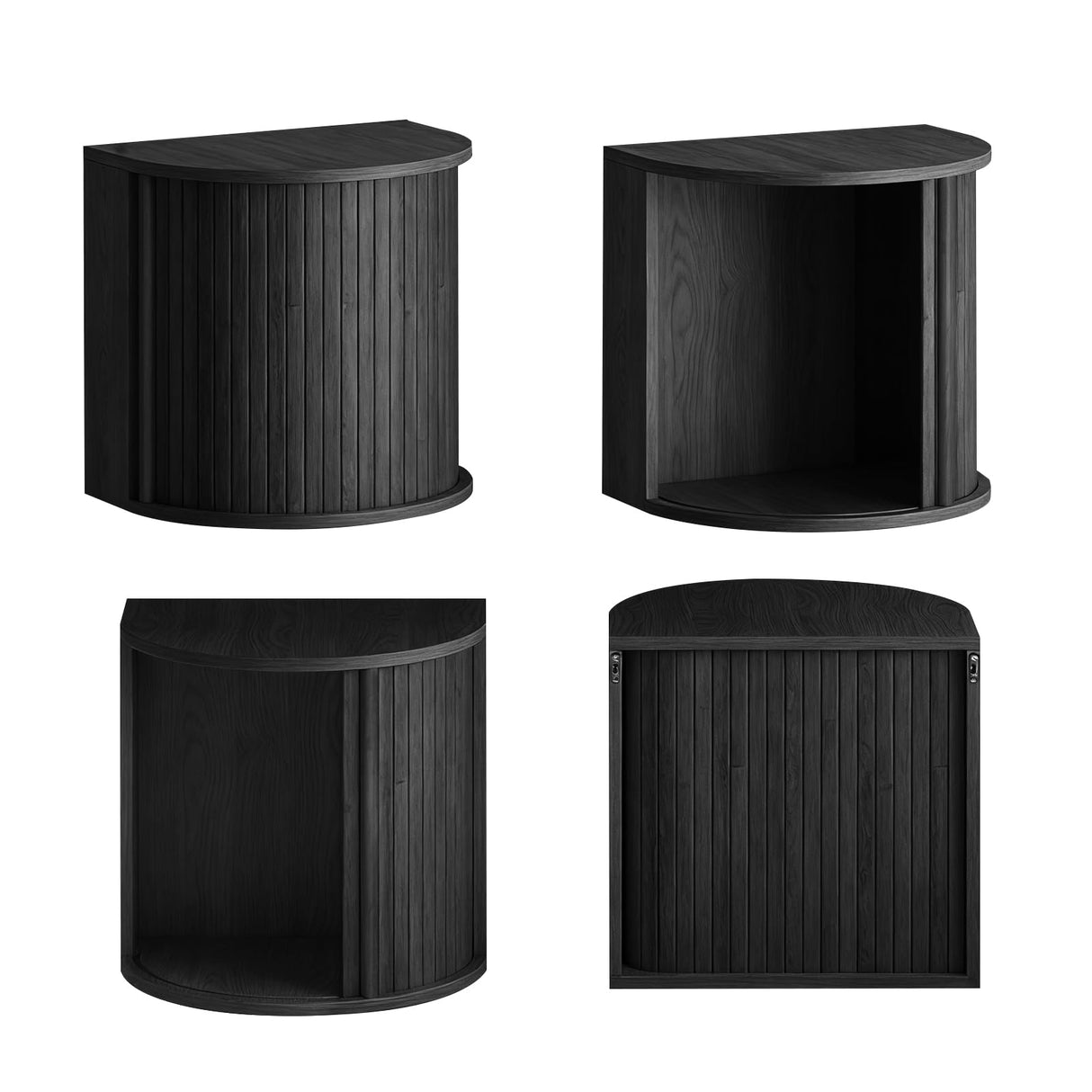 Floating Curved Nightstand Set of 2,Wooden Fluted Wall Mounted Small Bedside Table with Sliding Roller Shutter Door Storage,Suitable for Modern Small Space Bedroom(Floating nightstand-Black-06) Ktfhvgy