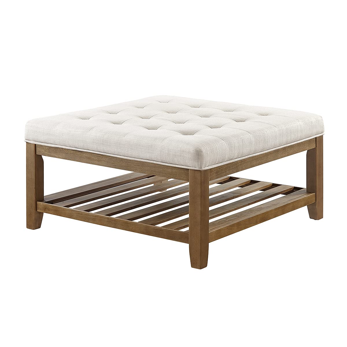 24KF Large Square Upholstered Tufted Linen Ottoman Coffee Table, Large Footrest Ottoman with Solid Wood Shelf-Ivory 24KF