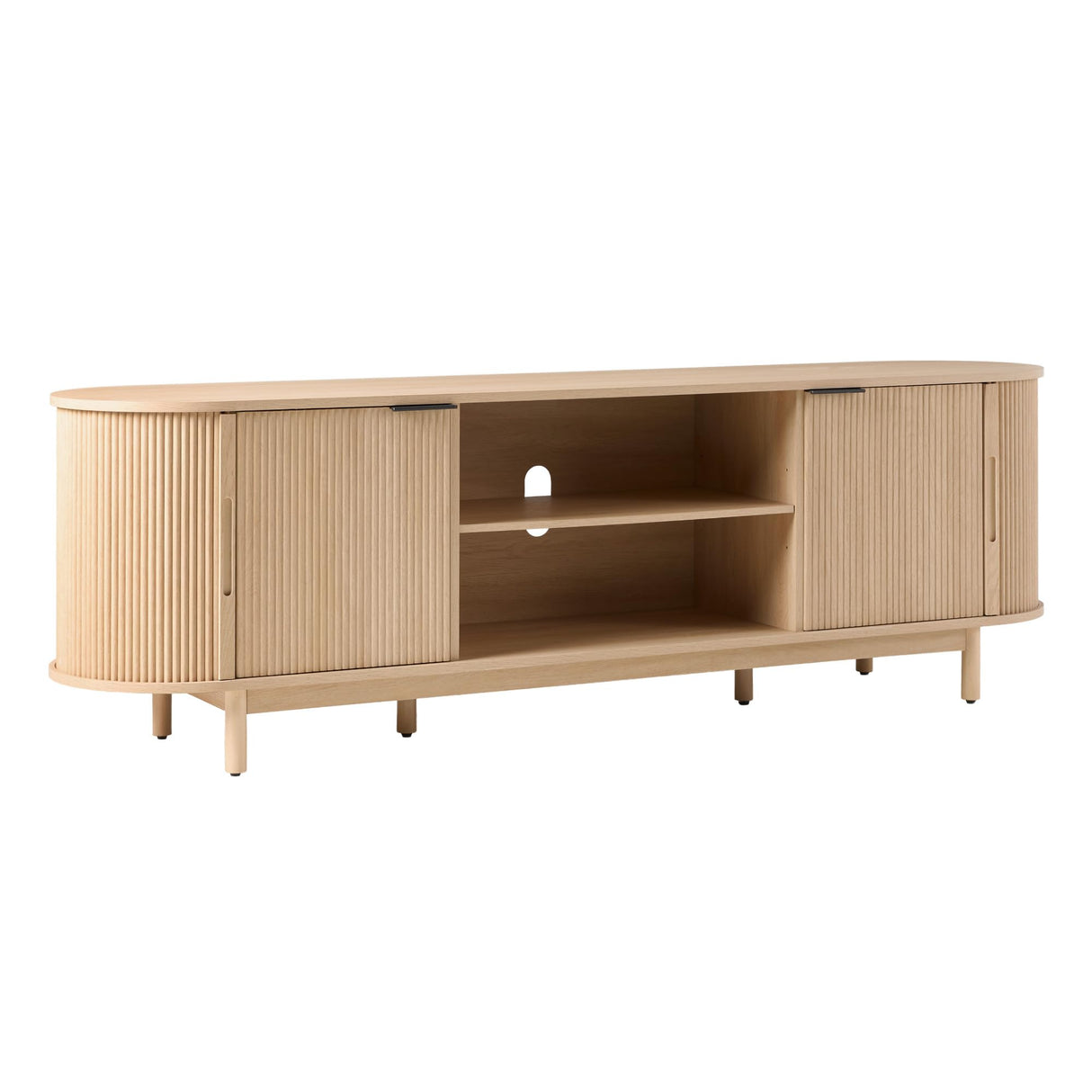 Walker Edison Chloe Curved Reeded TV Stand, Sliding Doors, 75 Inch, 70 inch, Coastal Oak Walker Edison