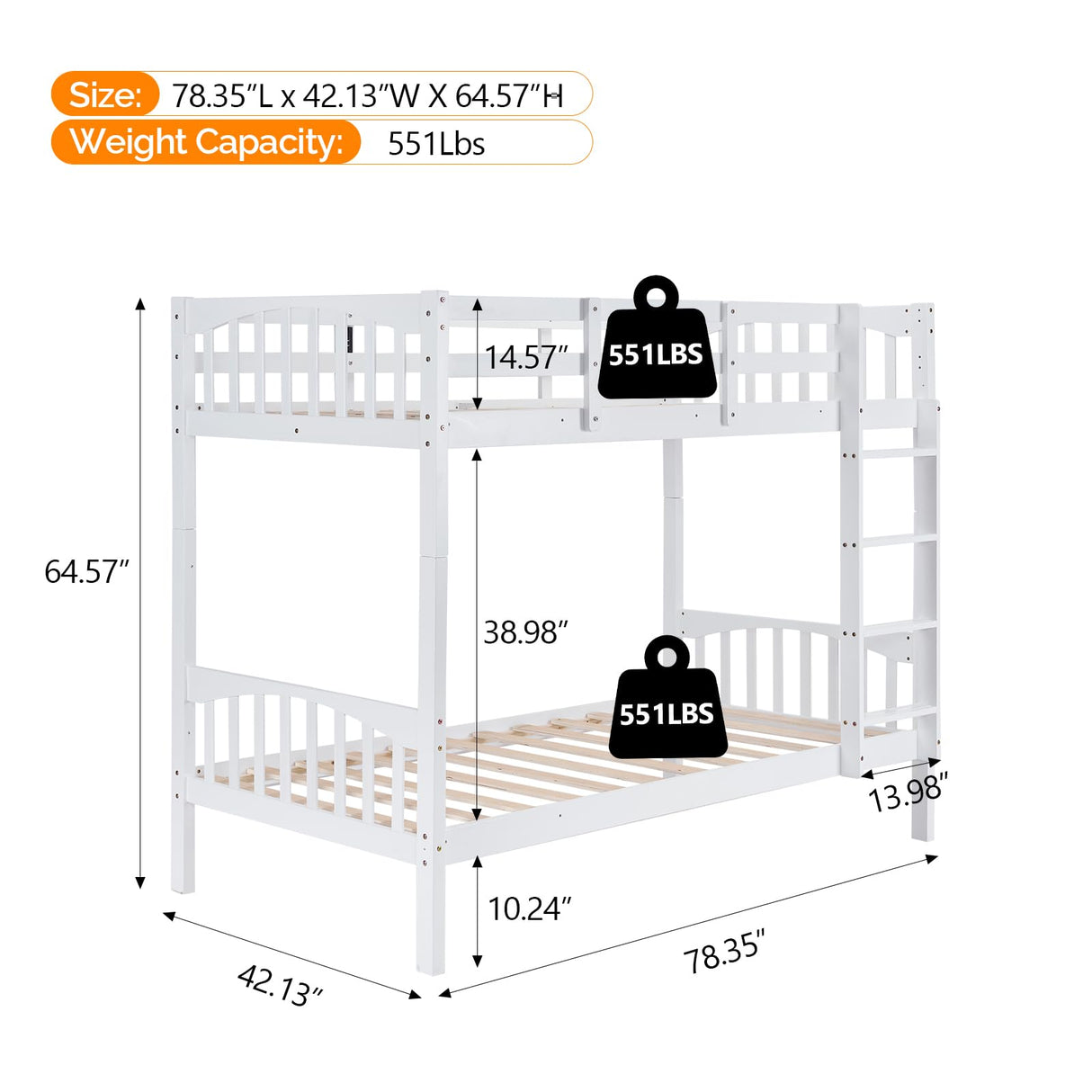 VINGLI Twin Over Twin Solid Wood Bunk Bed with LED Lights, USB Ports, and High Guardrails - White VINGLI