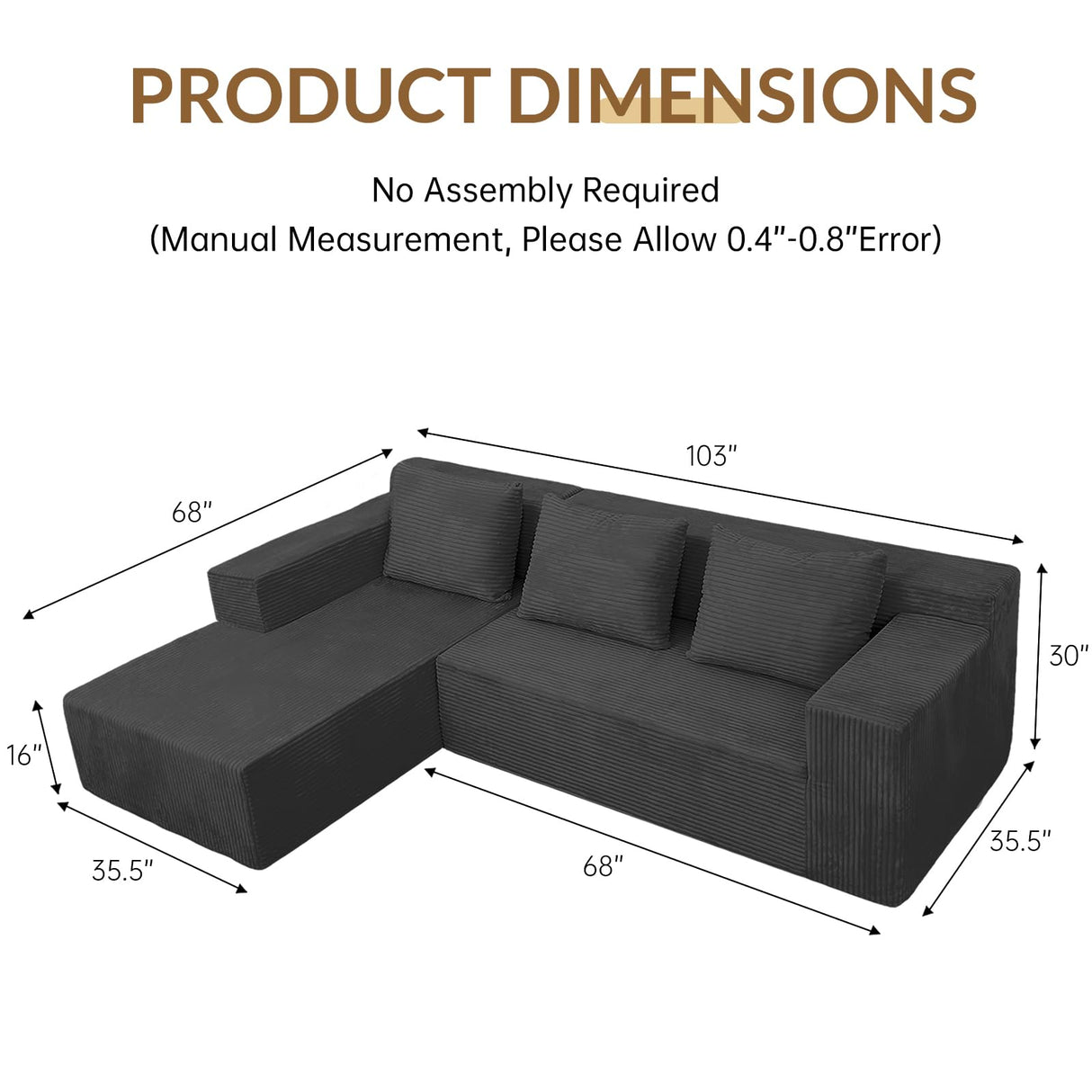 ANONER 103" Modular Sectional Sofa, L-Shaped Cloud Couch with Chaise, Corner Sofa with Deep Seat, Modern Minimalist Boneless Couch, Sectional Couches for Living Room, Apartment (Dark Grey) ANONER
