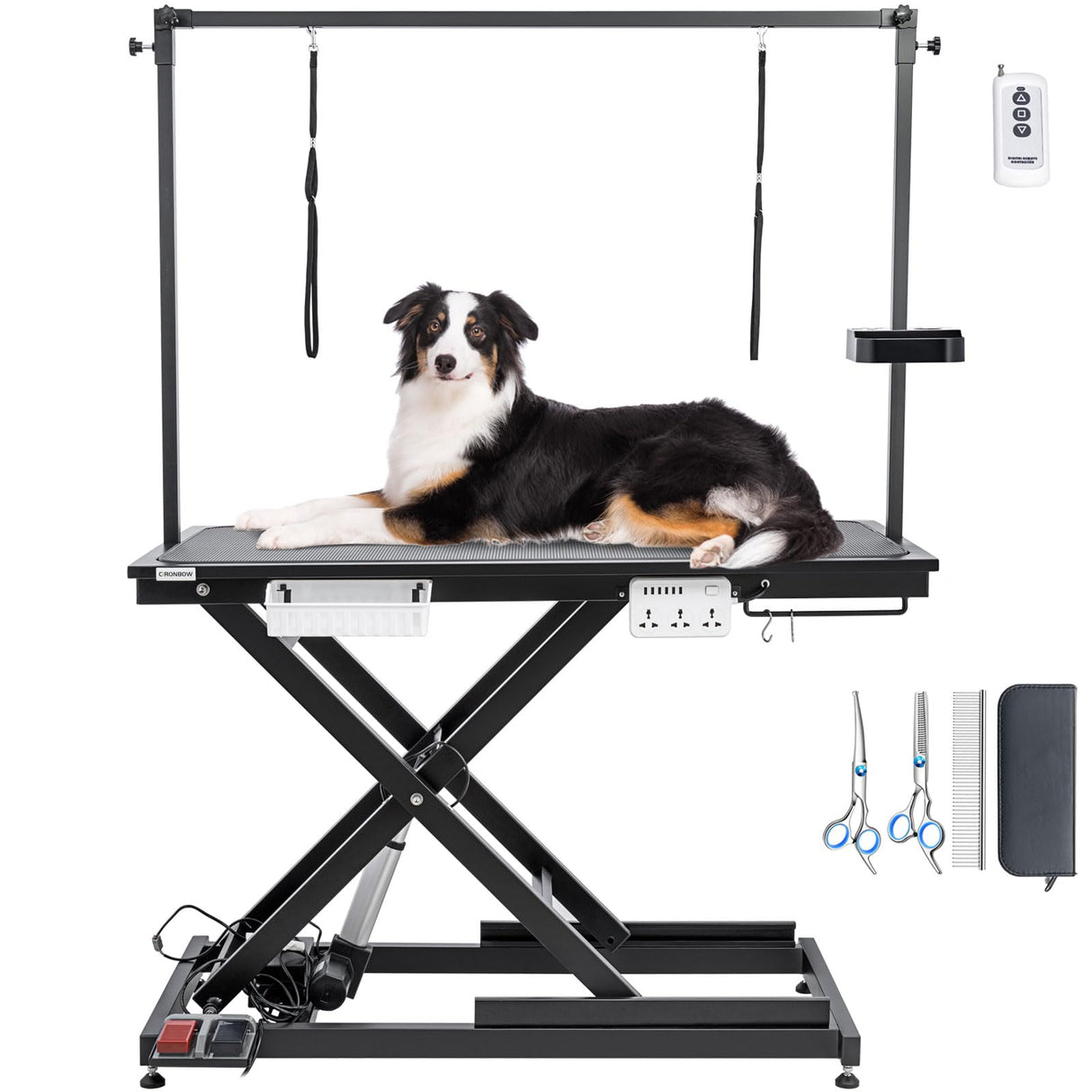 CIRONBOW 50'' Electric Dog Grooming Table, Adjustable X Lift Heavy Duty Dog Grooming Table for Large Dogs with Anti-Skid Tabletop & Grooming Scissors & Wireless Remote &Tool Organizer & Arms, Black CIRONBOW