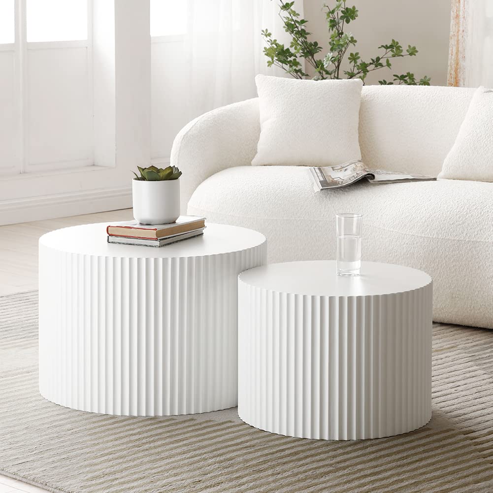 JURMALYN White Round Coffee Table Nesting Coffee Table Set of 2 Contemporary Circle Coffee Table Fluted Side Tables End Table for Living Room Office JURMALYN