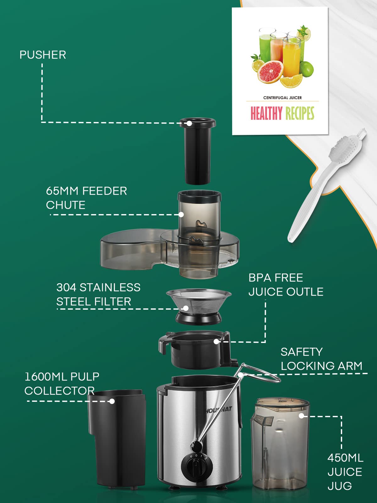 Juicer Machine, HOUSNAT Centrifugal Juicer,Extractor Max Power 800W Juice, 65MM Chute for Whole Fruit and Vegetables, Juice Extractor with 3 Speeds Quick Juicing, Easy to Clean, BPA Free,Silver HOUSNAT