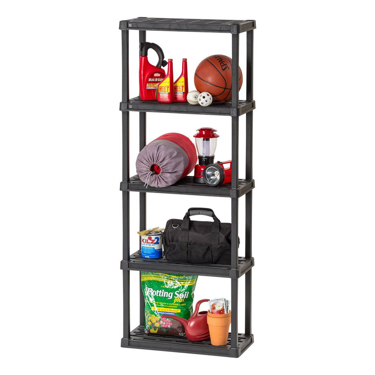 IRIS USA 5-Tier Heavy Duty Plastic Shelving Unit, 64" Tall - 40lbs per Shelf, Modular Garage Rack Storage Organizer for Home, Basement, Laundry & Utility Room, 12"D x 24"W x 64"H - Black IRIS