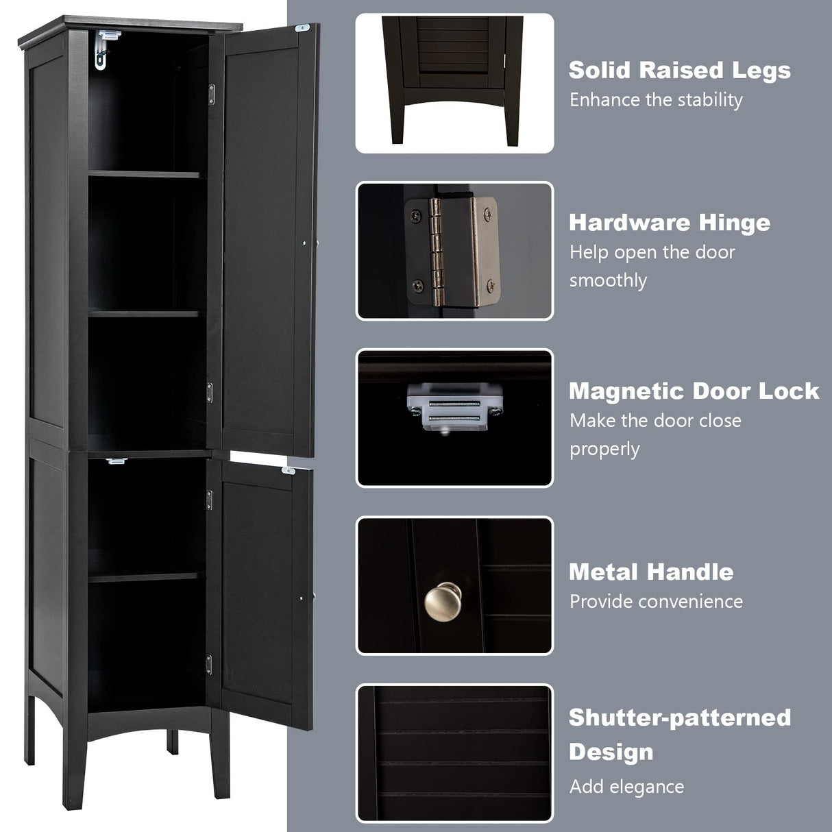 Tangkula Tall Bathroom Storage Cabinet, 5-Tier Wooden Freestanding Tower Cabinet, Narrow Storage Floor Cabinet w/ 2 Doors & Shelves for Bathroom Living Room Kitchen (Black) Tangkula
