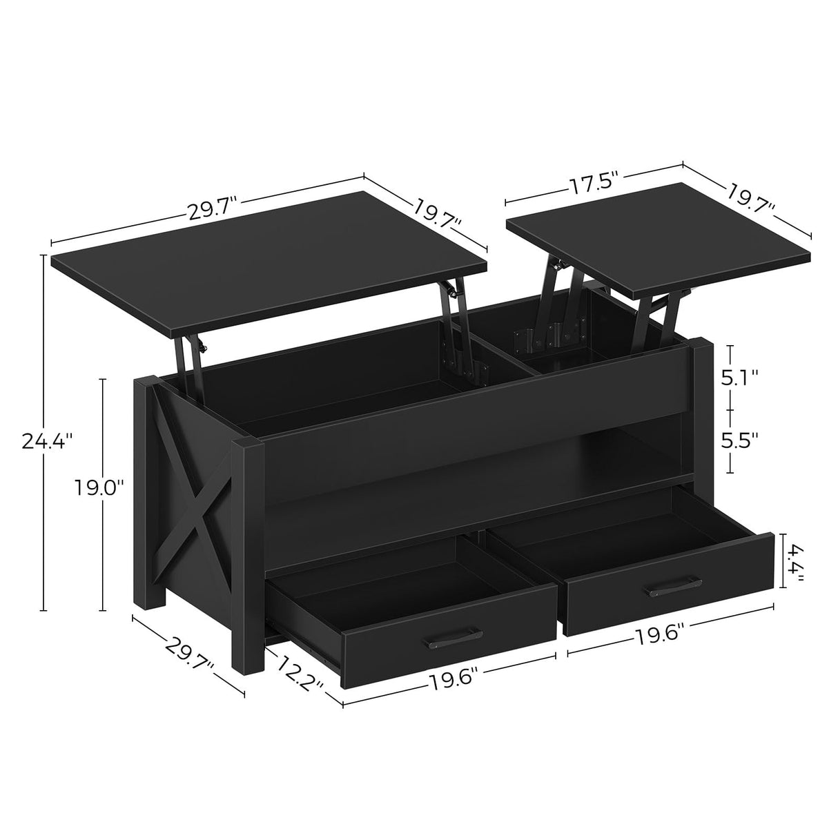 Seventable Coffee Table, 47.2" Lift Top Coffee Table with 2 Storage Drawers and Hidden Compartment, X Wood Farmhouse Support, Retro Center Table with Lift Tabletop for Living Room,Black Seventable