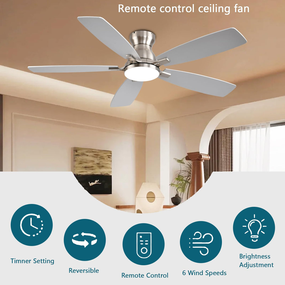 JSAITEE Ceiling Fans with Lights, 52 Inch Low Profile Ceiling Fan with Light and Remote Control, Flush Mount, DC Reversible Motor, Noiseless, Nickel 6 Speeds Ceiling Fan for Bedroom JSAITEE