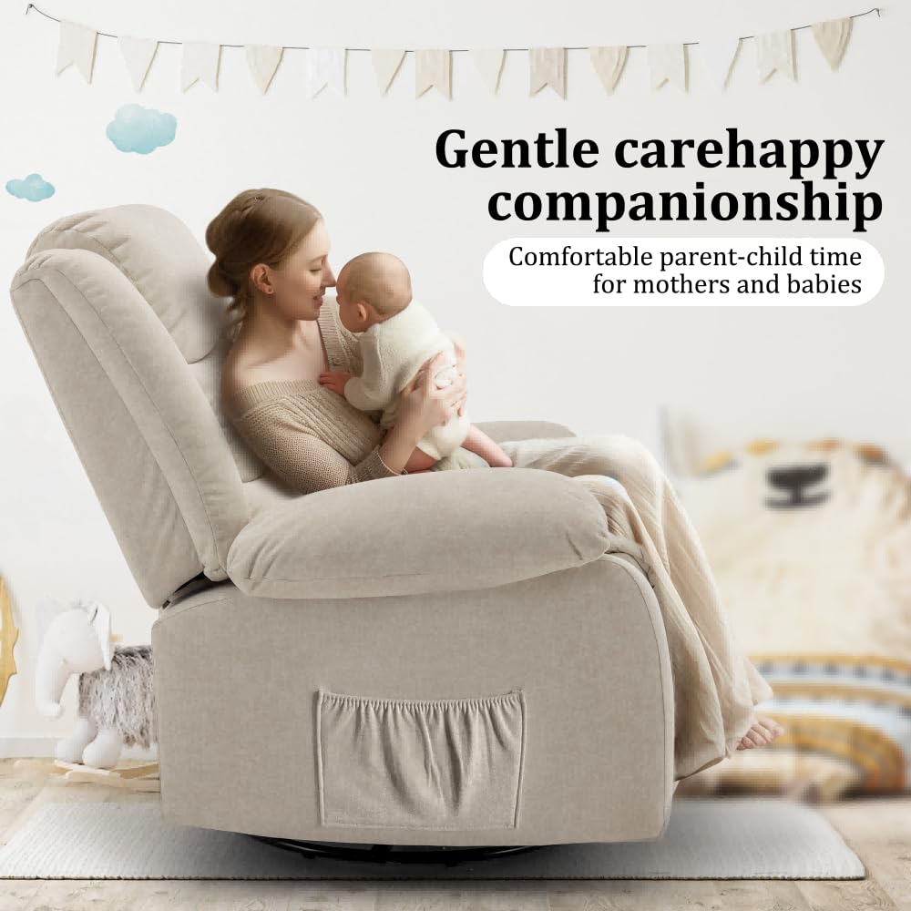 Korser Recliner Chair, Wide Rocker Chair, Rocking Chair with Massage and Heat,360°Swivel Nursery Rocking Chairs, Oversized Recliner for Adults, Cashmere Reclining Sofa for Living Room, Beige Korser