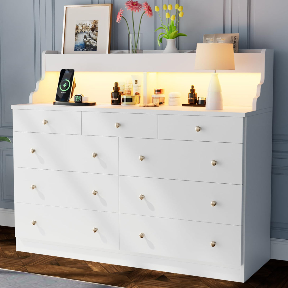 Yeyawomy 9 Drawers Dresser with LED Light, Dresser for Bedroom with Power Outlet, Modern Chest of Drawers, Storage Dresser with Open Storage Space, Dressers & Chests of Drawers for Closet (White) Yeyawomy