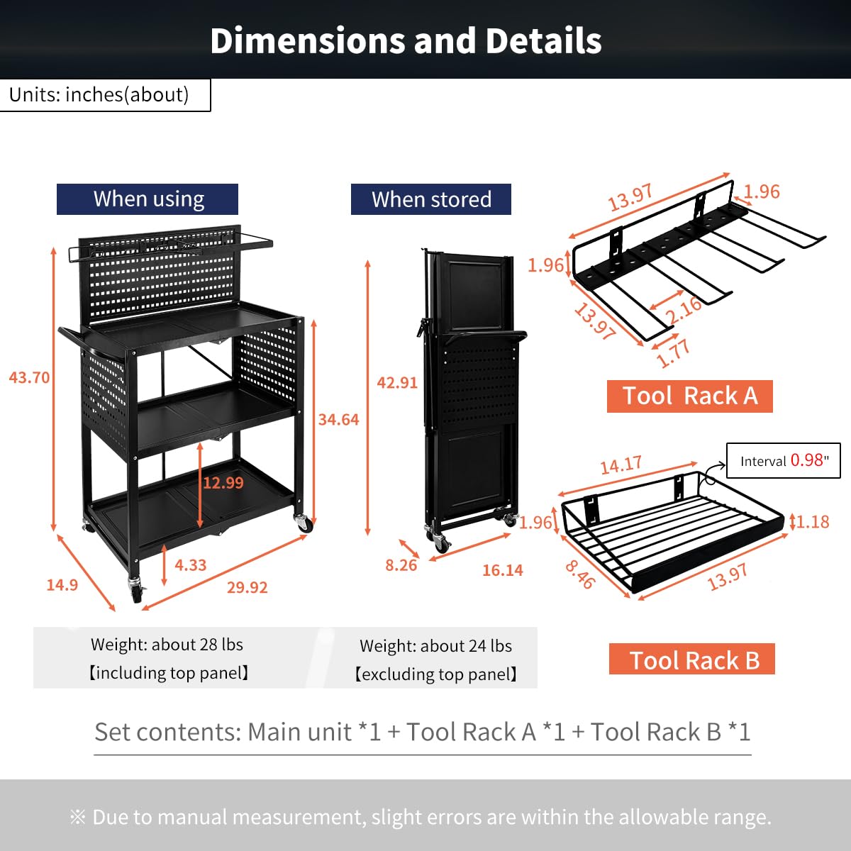 Lumizone 3-Tier Foldable Rolling Tool Cart with Wheels, Utility Cart with Pegboard for Garage Organizer and Tool Storage, Power Tool Storage Cart on Wheels (Tool Cart) lumizone