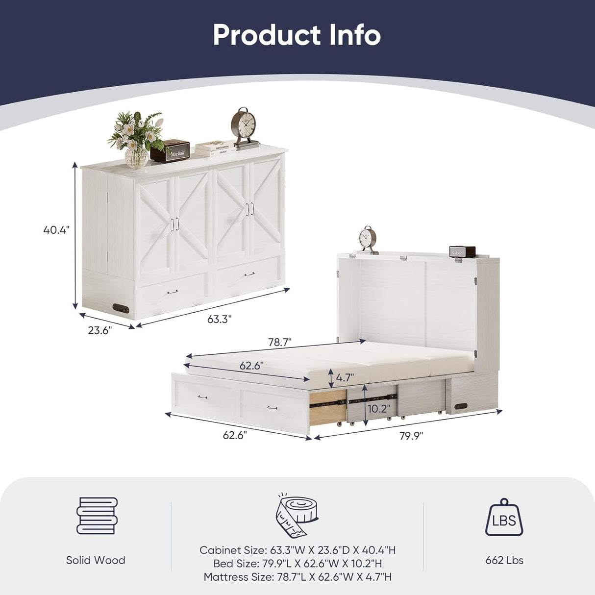 ijuicy Queen Size Murphy Bed with Foldable Foam Mattress, Cube Cabinet Bed with Multifunctional Charging Station & Extra Large Storage Drawers, Space-Saving Hideaway Bed for Guests-Pure White ijuicy