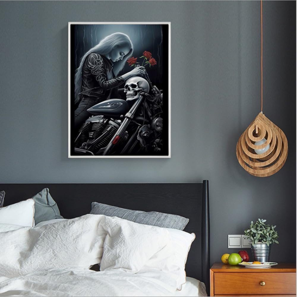 MaiYiYi Skull and Beauty Girl Diamond Painting, 5D Full Round Drill Motorcycle Beauty Skull Diamond Painting by Numbers, Girl Car Diamond Art for Adults Beginners Wall Decor (40X30 CM) MaiYiYi