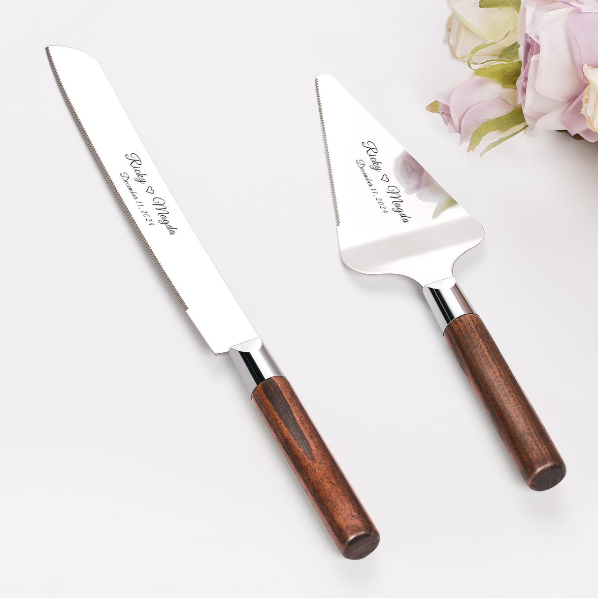 TUKDAK Personalized Cake Cutting Set for Wedding, Cake Knife and Server Set Free Engraving, Custom Wooden Dessert Pie Cutter Serving Quinceañera TUKDAK
