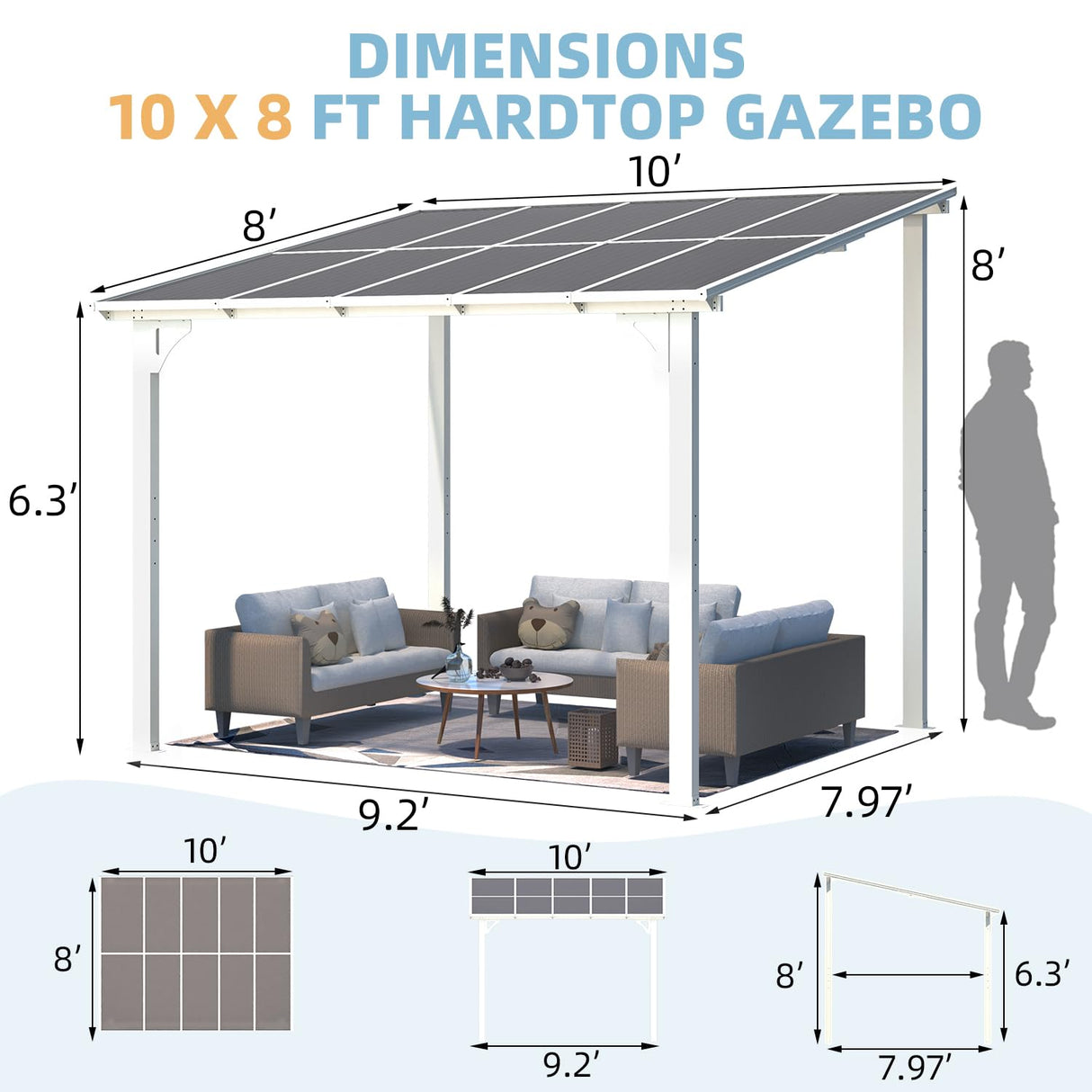 AECOJOY 10' x 8' Pergolas and Gazebos on Clearance in White, Large Wall Mounted Pergola, Outdoor Patio Lean to Gazebo Metal Awnings for Decks,Patio, Porch, Backyard and More AECOJOY