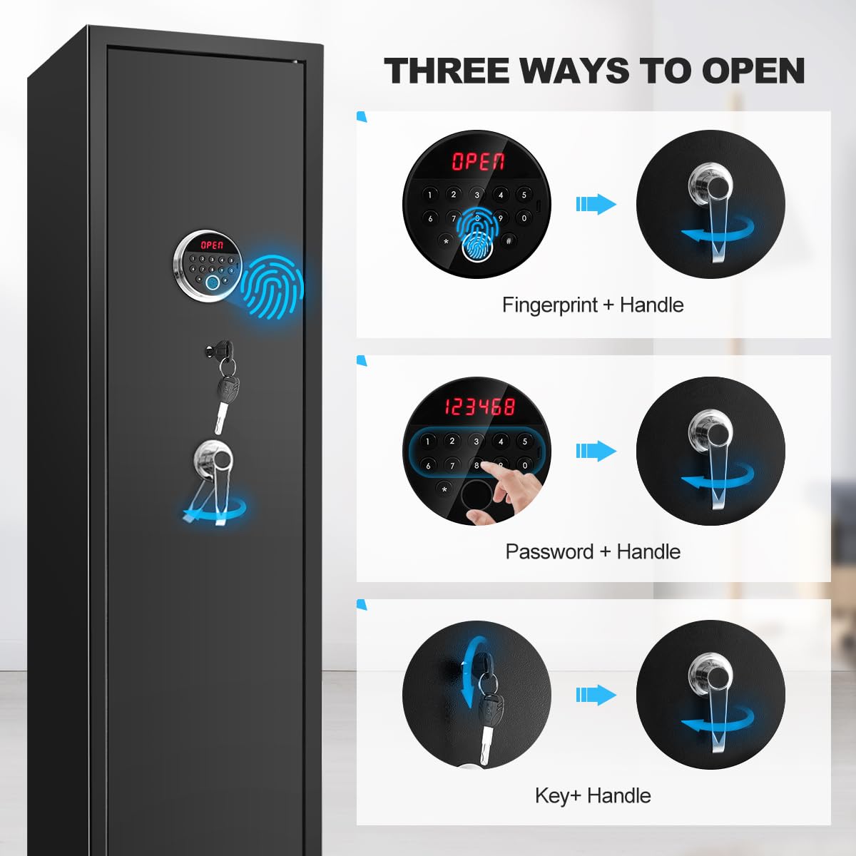 BlackSmith Biometric Gun Safe for Rifles Home Long Gun Safe Quick Access Fingerprint Recognition Pistols Safe Keypad Wall Mount Large Gun Cabinet with Lock Box Pistol Rack Pockets Ammo Storage BlackSmith