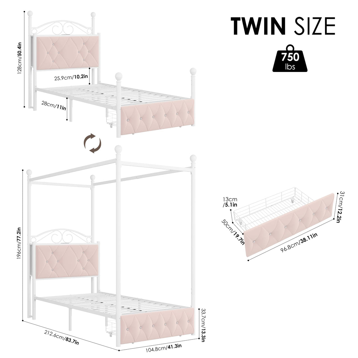 Twin Upholstered Canopy Bed Frame with Drawer & Crystal Tufted Storage Headboard Two-Purpose Metal Platform Bed with 4 Removable Posts & Charging Station Pink Princess Bed, Curtain Not Included Keyluv