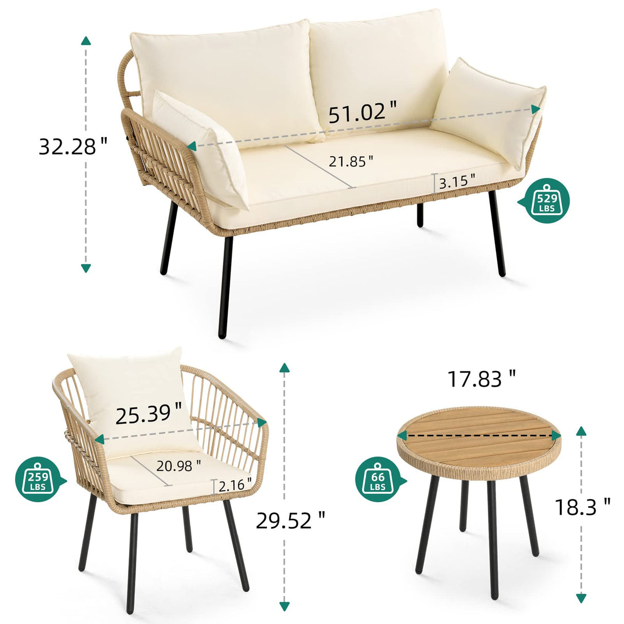 YITAHOME 4 Pieces Patio Furniture Set, Wicker Balcony Bistro Set, Outdoor All-Weather Rattan Conversation Set with Loveseat Chairs Table Soft Cushions for Backyard, Pool, Deck, Garden - Beige YITAHOME