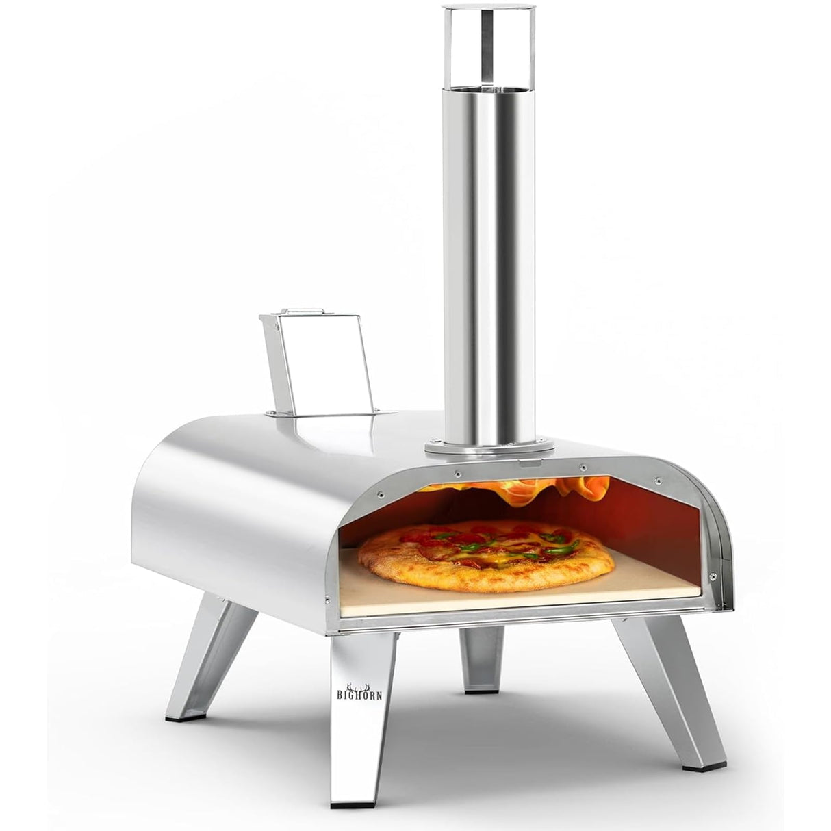 BIG HORN OUTDOORS Pizza Ovens Wood Pellet 12” Pizza Oven Cooking Pizza Maker Portable Stainless Steel Pizza Grill, Silver Portable Party use BIG HORN OUTDOORS