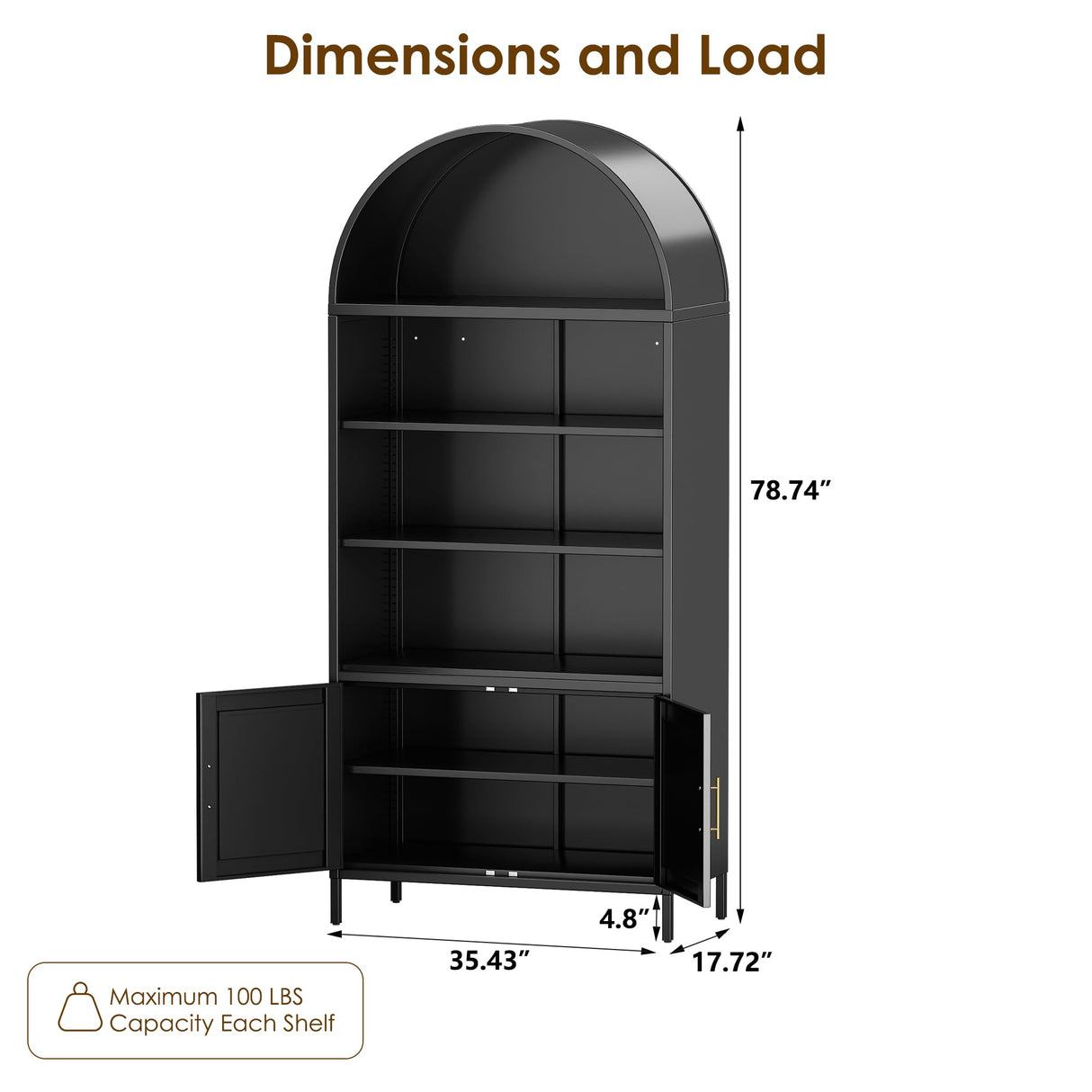 VEXPOR 79 in Tall Metal Arched Bookcase, 6-Tier Arched Bookcase with Doors, Modern Farmhouse Bookshelf with 3 Adjustable Shelves, Pantry Display Cabinet for Living Room, Black, Assembly Required VEXPOR