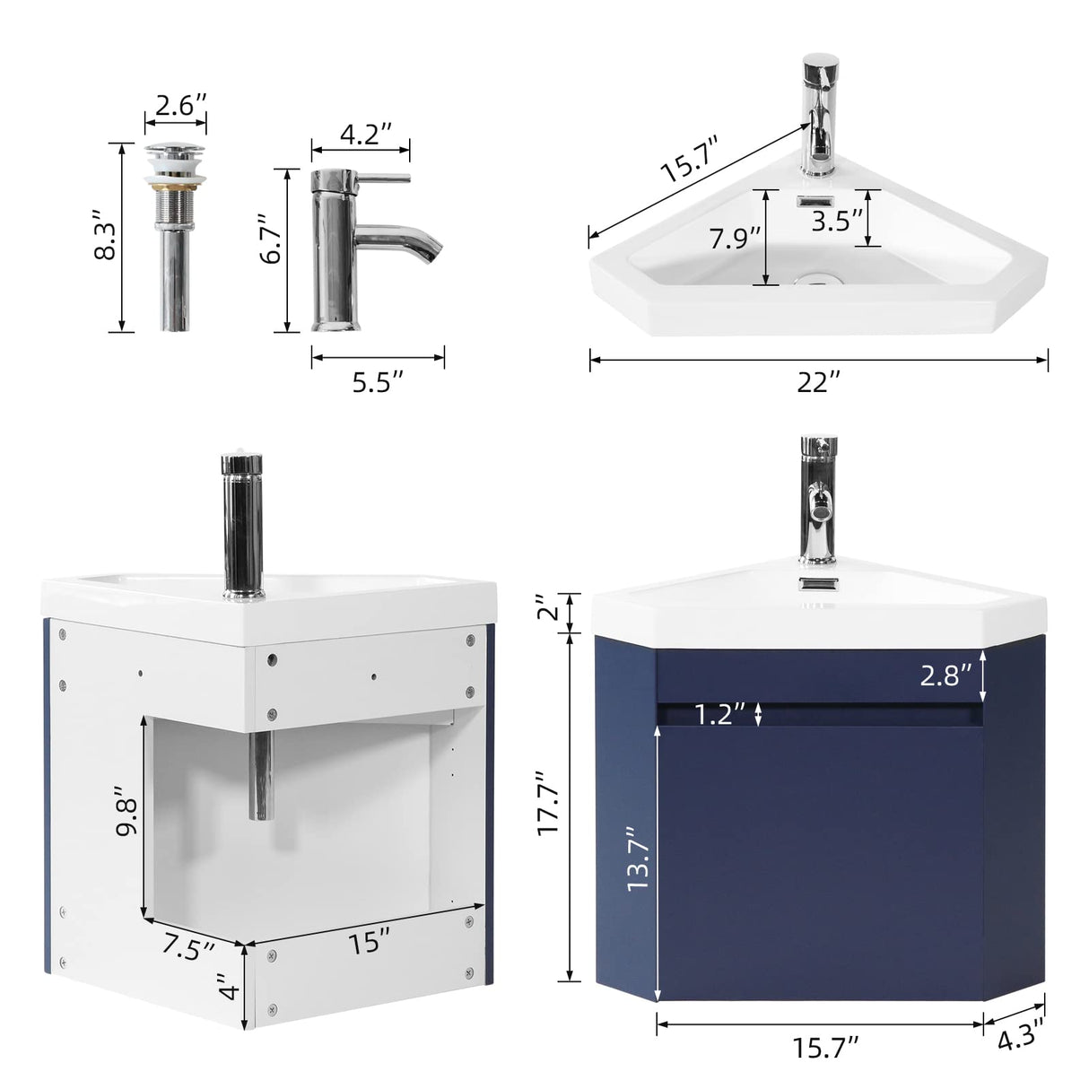 walsport 16" Corner Bathroom Vanity Floating Single Sink Combo for Small Space Wall Mounted Cabinet Set Design Resin Basin Sink Top Chrome Faucet and Drain,Blue walsport