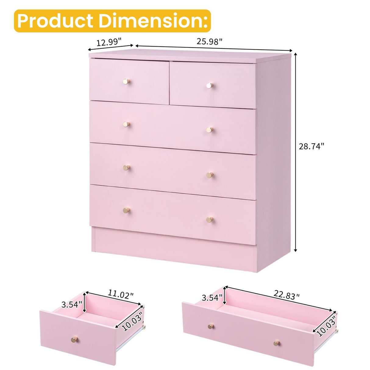 Karl home Pink 5 Drawer Dresser for Bedroom, Modern Wood Dresser Chest of Drawers, Pink Bedroom Dressers for Girls, Anti-Tipping Device, Rose Gold Metal Handle, Living Room, Entryway, Hallway, Office Karl home