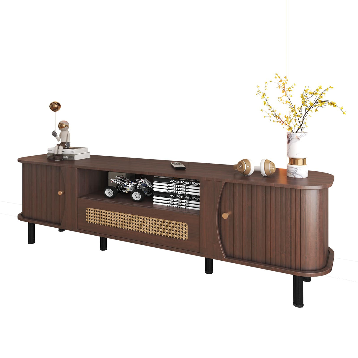 Fluted TV Stand - Modern Wooden Freestanding Entertainment Center Sliding Door TV Cabinet | Farmhouse Curved Round Edge TV and Media Console Table with Storage,Up to 80 inch TVS EXQUAL