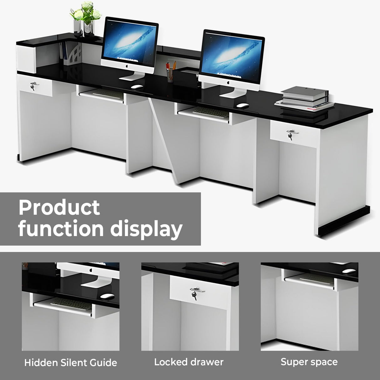 Nuipesn Reception Desk,Front Reception Counter Desk Checkout Office Desk with Lockable Drawer Reception Table Wooden Computer Desk for Office (Pure White+Black/Left,70.87" L*23.62" W*39.37" H) Nuipesn