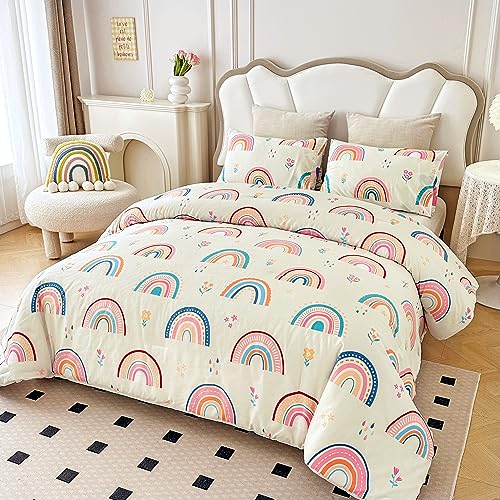 Btargot Lightweight Soft 3 Piece Rainbow Comforter Set with 2 Pillow Covers, Cartoon Love Hearts Flowers and Grass Bedding Set for Girls Boys Kids, Queen Multi-Color Btargot